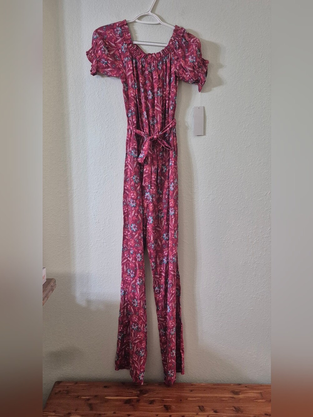 Floral Off-Shoulder Red Women's Jumpsuit with Tie Belt
